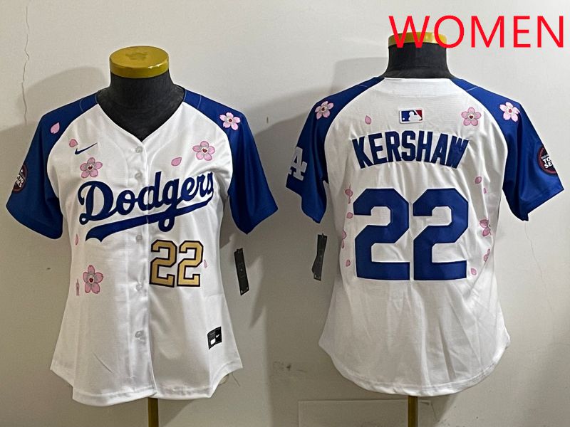 Women Los Angeles Dodgers #22 Kershaw White Blue Sakura Edition 2025 Nike MLB Jersey style 3